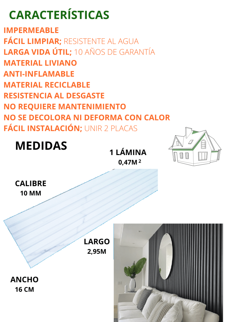 Pared de panel WPC
Es impermeable
Fácil de Limpiar
Fácil de Instalar
Se unen dos placas
Material Liviano
Larga Vida Útil
10 años de garantía
Anti-Inflamable
Material Reciclable
Resistente al Desgaste
No requiere Mantenimiento
No se decolora
No se deforma
