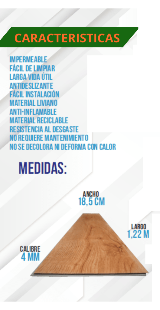 Pisos SPC
Fácil de limpiar
Fácil de Instalar
No Inflamable 
Resistente al Agua
Larga Vida útil
10 Años de Garantía
Anti deslizante