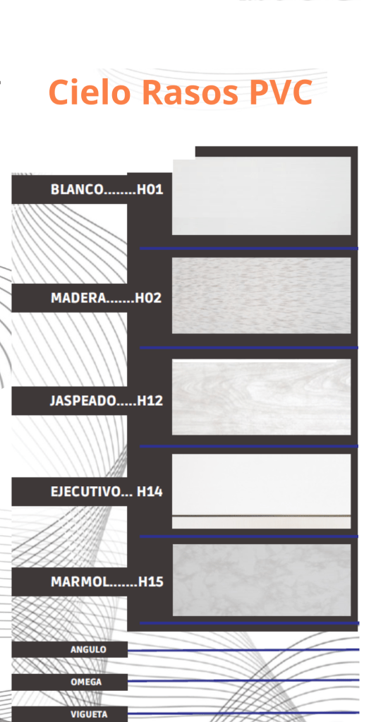 Cielo Rasos en PVC
Impermeable
Fácil de Limpiar
Acústico
Térmico
Fácil de instalar 
Material liviano
Auto Extinguible
Material Reciclable
No contiene metales
No requiere mantenimiento
