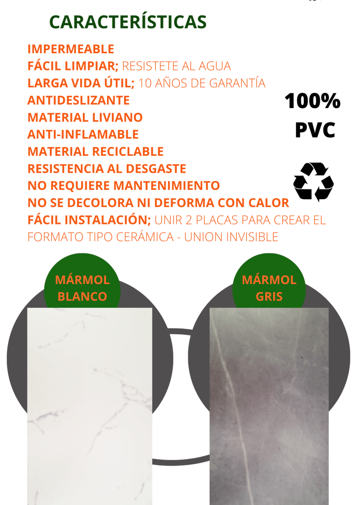Es un producto en PVC (Policloruro de vinilo. Combinación química de carbono, hidrogeno y cloro).

Es el plástico con menos dependencia del petróleo. Este material es realizado de plástico reciclado, alargando la vida útil del mismo y prolongando su uso por más tiempo. De esta manera se evita su destino final a un relleno sanitario o al mar.